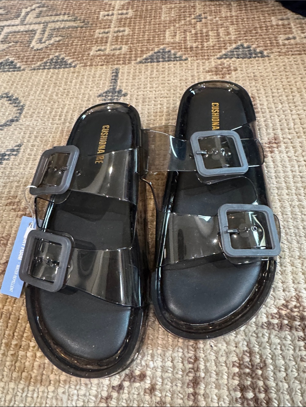 NWT cushionare Black Clear Dual-Buckle Slide Sandals